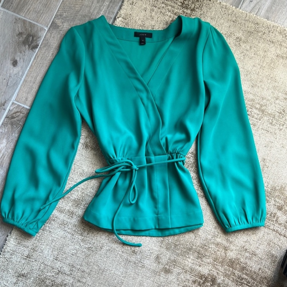 J CREW Women's Green Faux Wrap Blouse SIZE 6